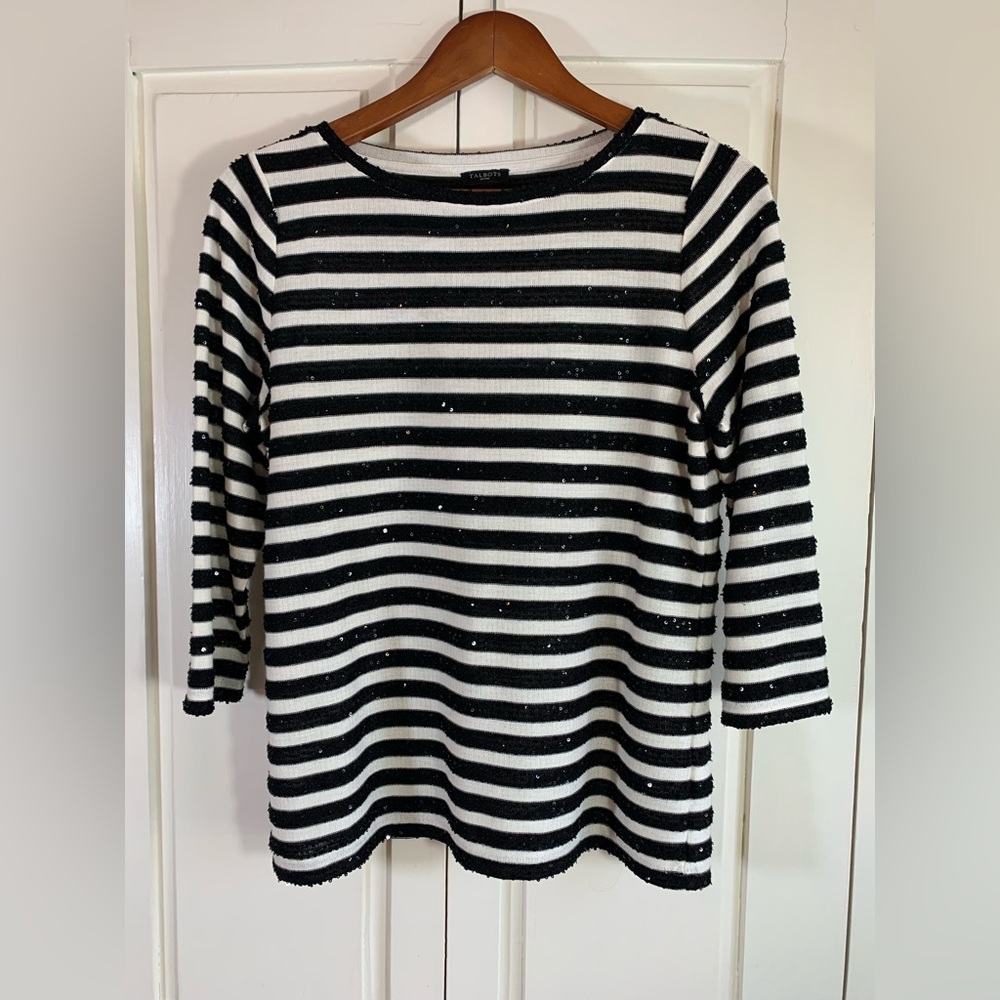 Talbots Sequins Top Womens MP Medium Petites B&W Stripe Event Mature Cocktails